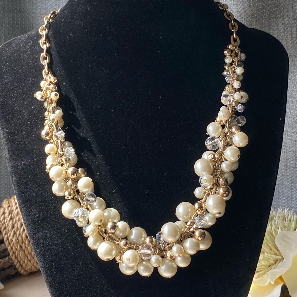 The Limited- Pearl, Gold, & Crystal Cha-Cha Beaded Necklace